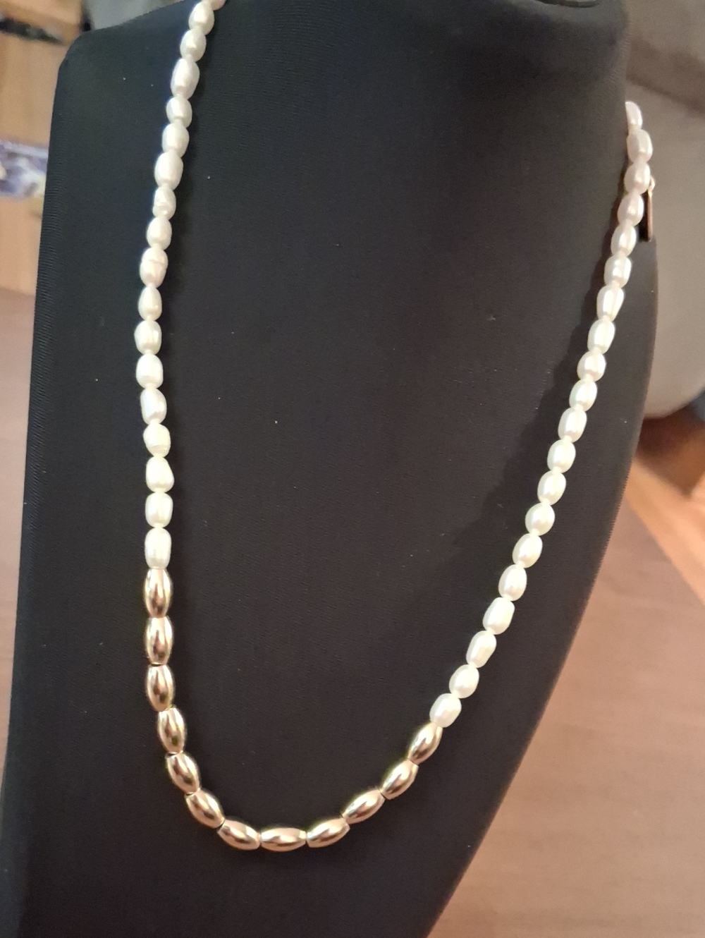 Elegant White Freshwater Pearl and 925 Silver 18k Gold Plated Bead Necklace 16"